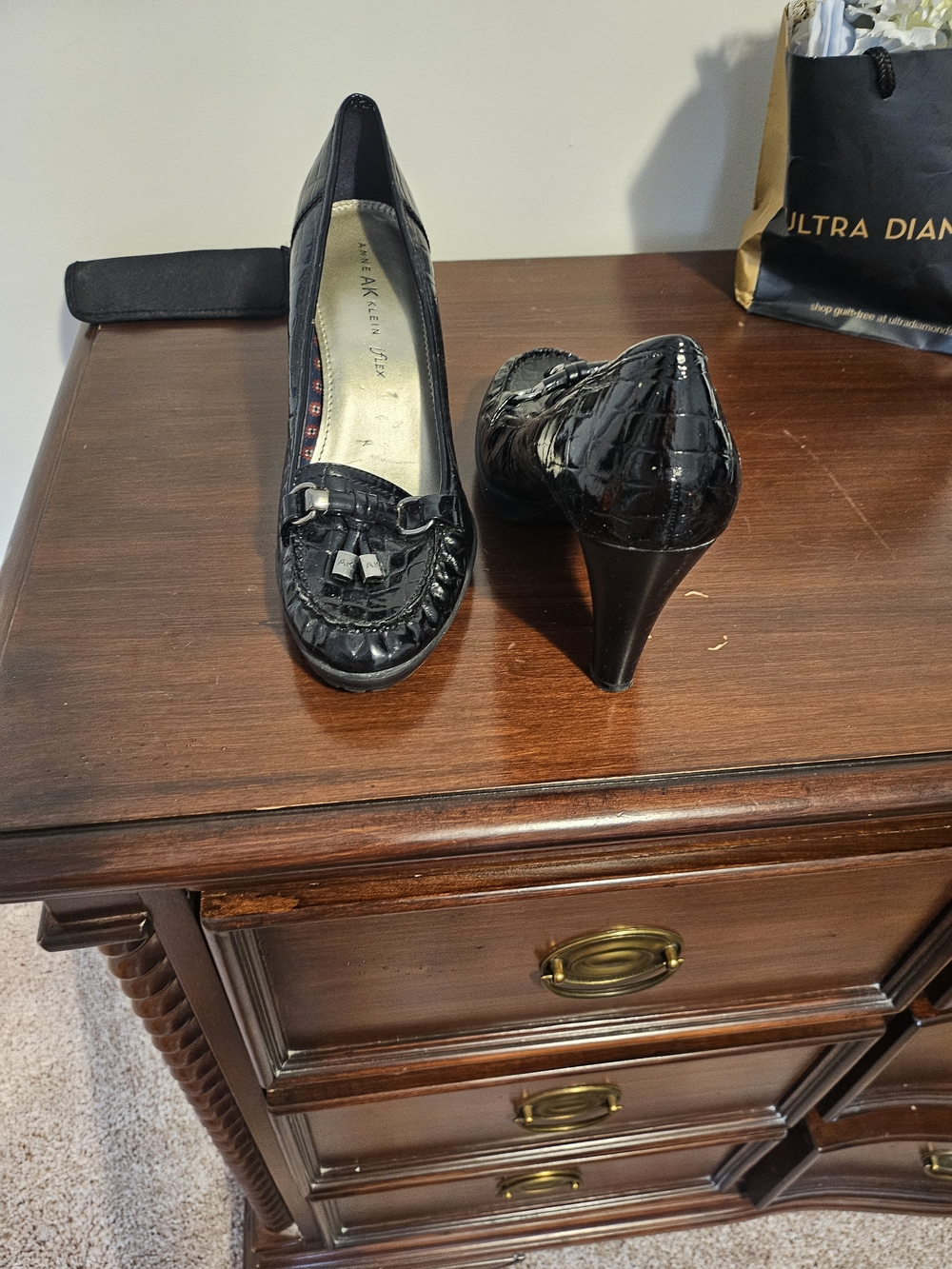 Anne Klein Black Patent Croco-Embossed High Heel Loafer Pumps